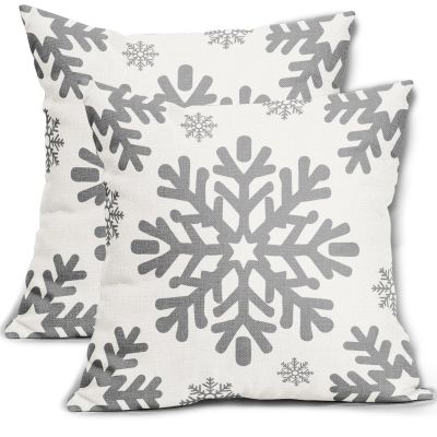 Gray Christmas Pillow Covers, 40.6 x 40.6 cm, Set of 2, White Snowflakes, Rustic Winter Farmhouse Style