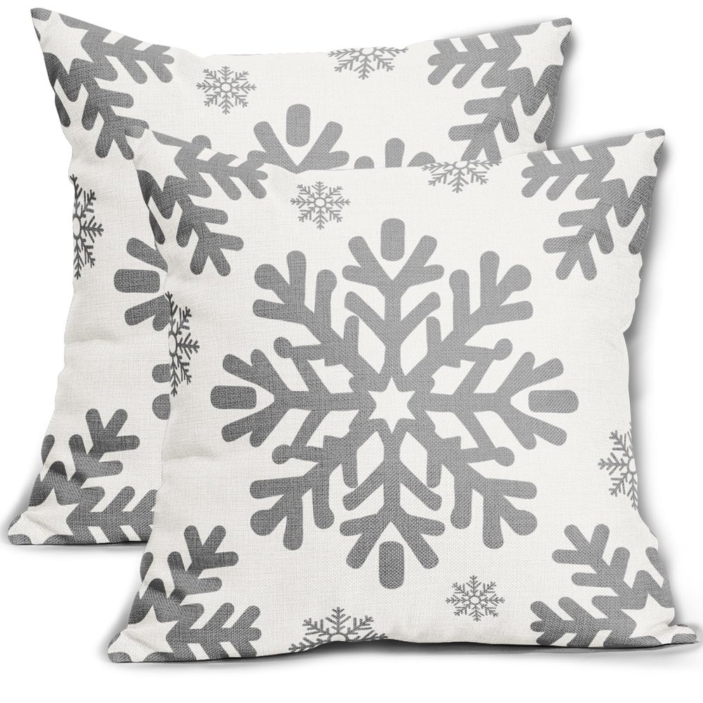 Gray Christmas Pillow Covers, 40.6 x 40.6 cm, Set of 2, White Snowflakes, Rustic Winter Farmhouse Style