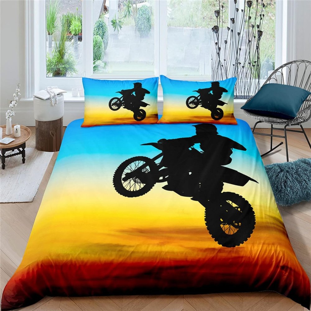 Moto-Cross Kids Duvet Cover Set, 260 x 230 cm, 3-Piece 3D Print, with 2 Pillowcases