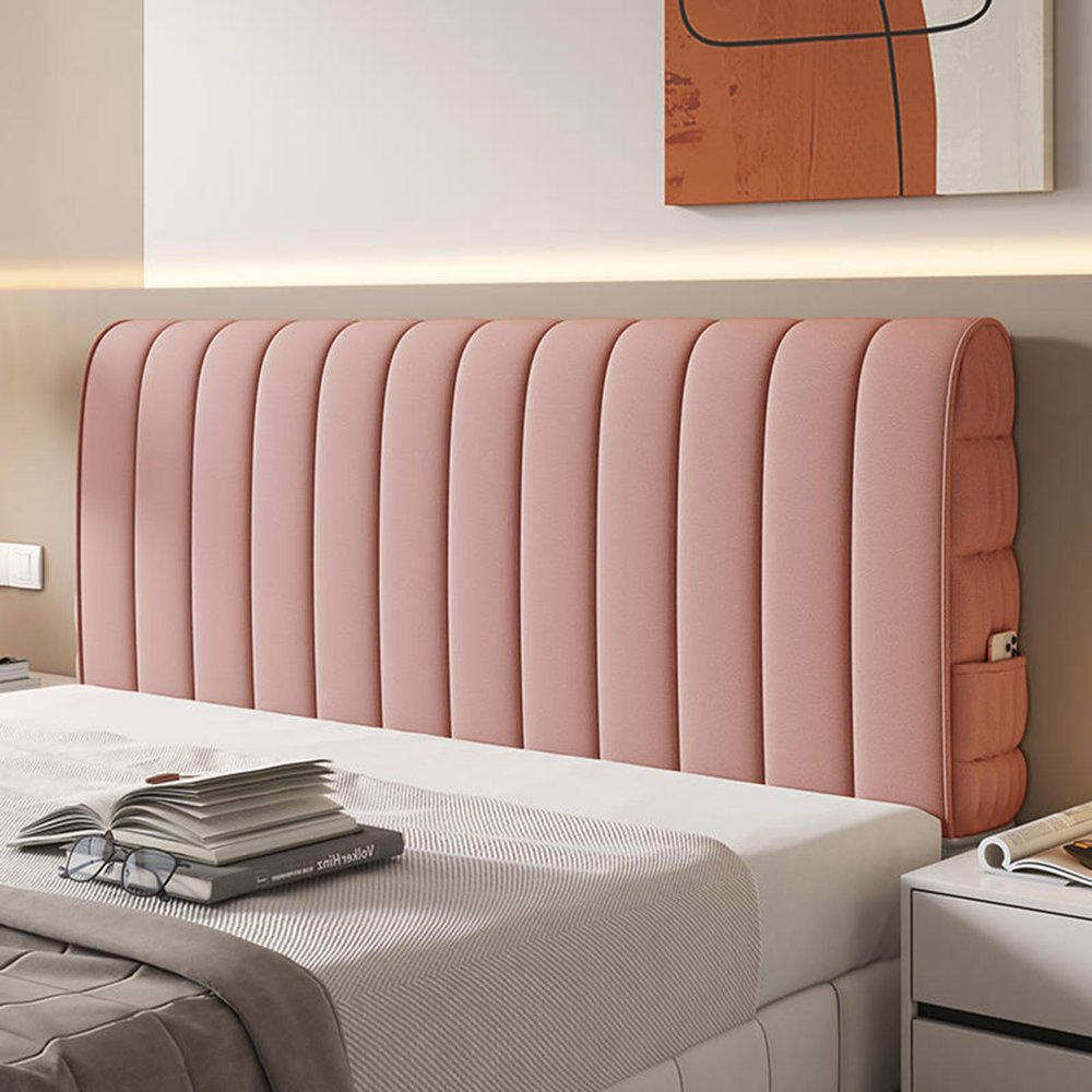 Modern Upholstered Headboard Cover for Double/King-Size Bed, Leather/Wood Design, Dustproof Fabric, Pink 2 (180 cm)