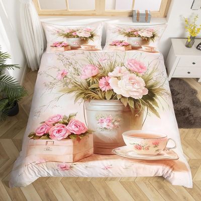 Pink Rose Duvet Cover Set, Size L, Romantic Floral Bedding Set with 2 Pillowcases