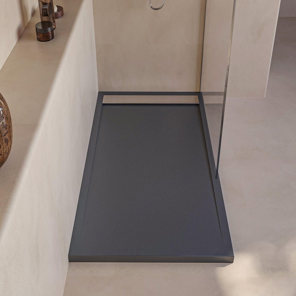 SoulHome Resin Shower Tray 150 x 80 cm, Anthracite Gray, Stainless Steel Grate