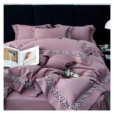 Zhi Ben Luxury Bedding Set, 1200 TC Egyptian Cotton, Openwork Lace, Purple, King Size, 4 Pieces