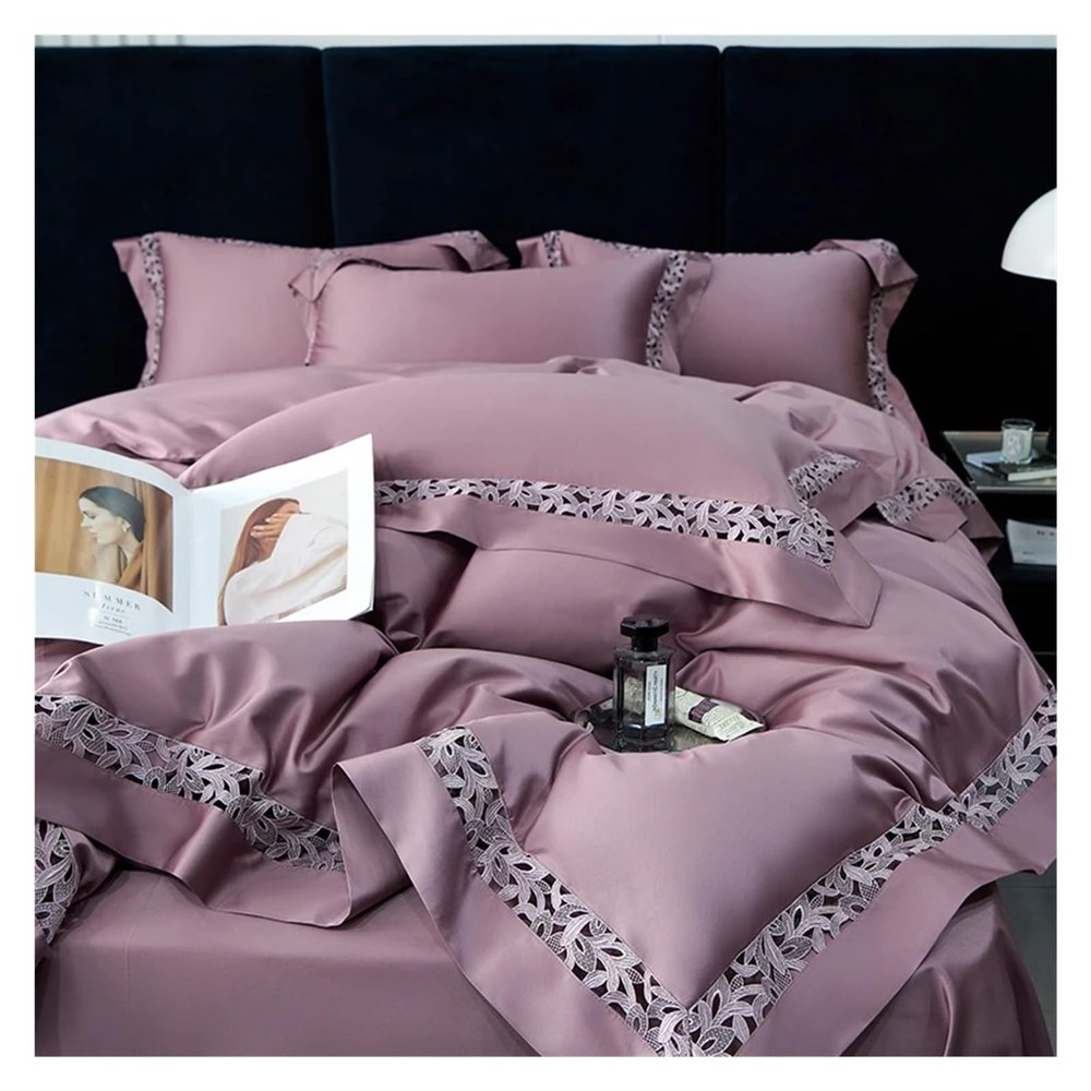Zhi Ben Luxury Bedding Set, 1200 TC Egyptian Cotton, Openwork Lace, Purple, King Size, 4 Pieces