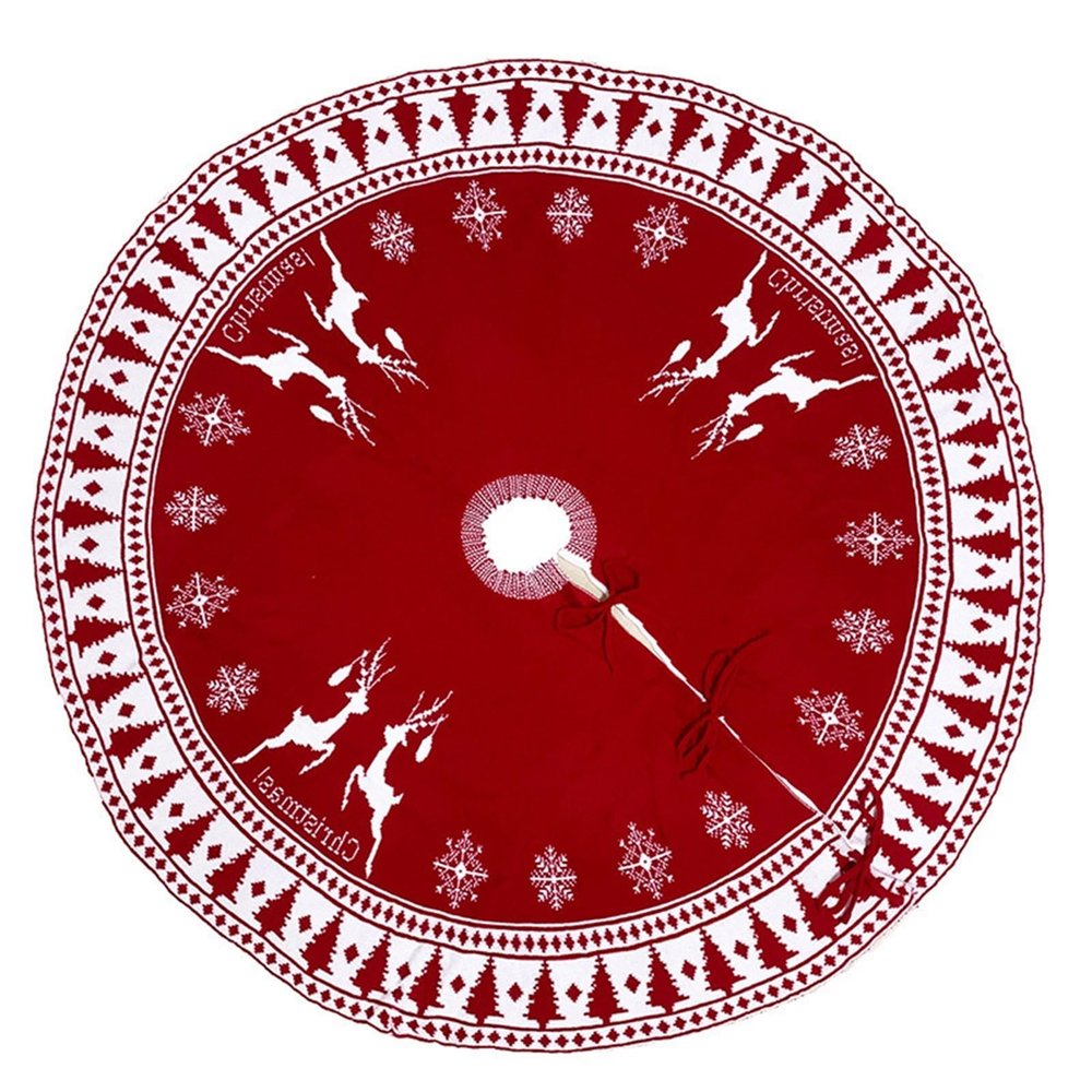 Christmas Tree Skirt, Cozy Knitted Design with Snowflakes and Deer