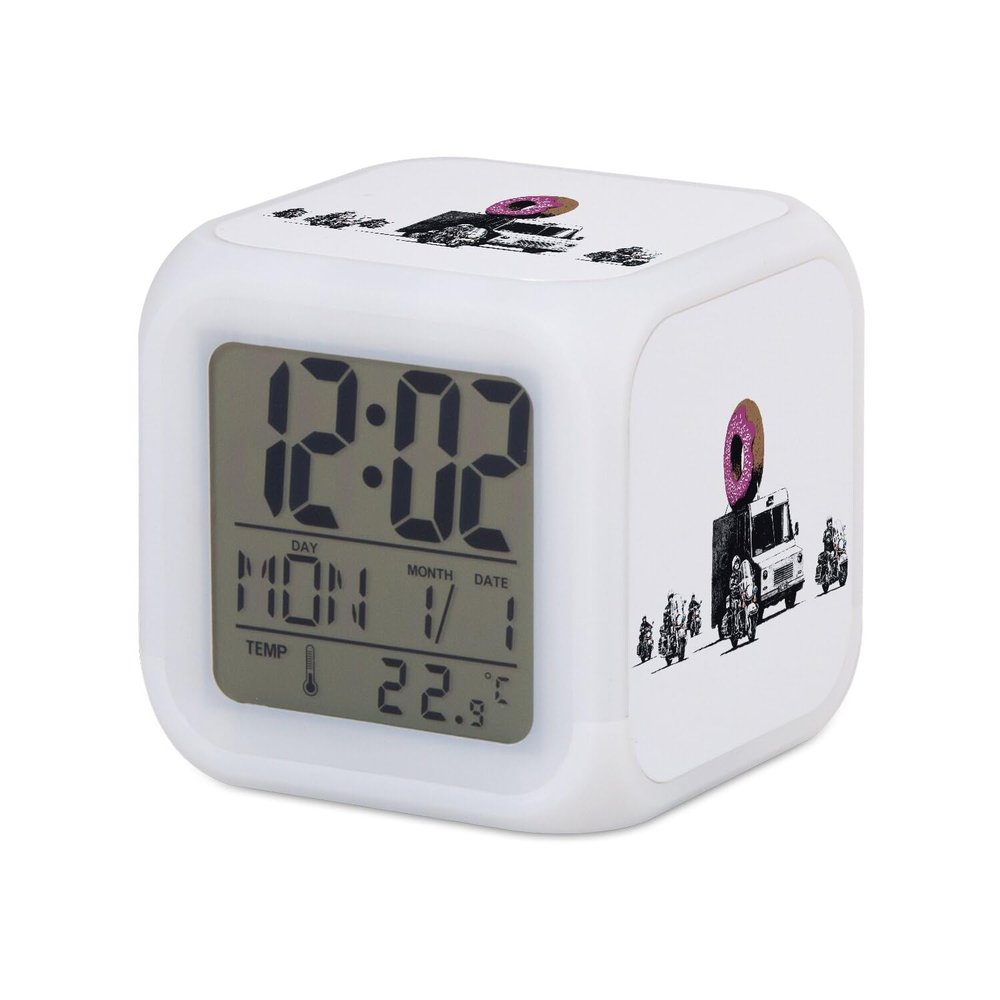 Fabulous Banksy Donuts Cube Alarm Clock, Illuminated White, Escort Police Capitalism, 7.8 x 7.8 x 7.8 cm, Multicolor LED