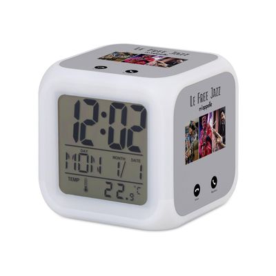 Fabulous Illuminated Cube Alarm Clock, Gray — Free Jazz Calls Me Music Passion, 7.8 x 7.8 x 7.8 cm, Multicolor Retro LED Lighting