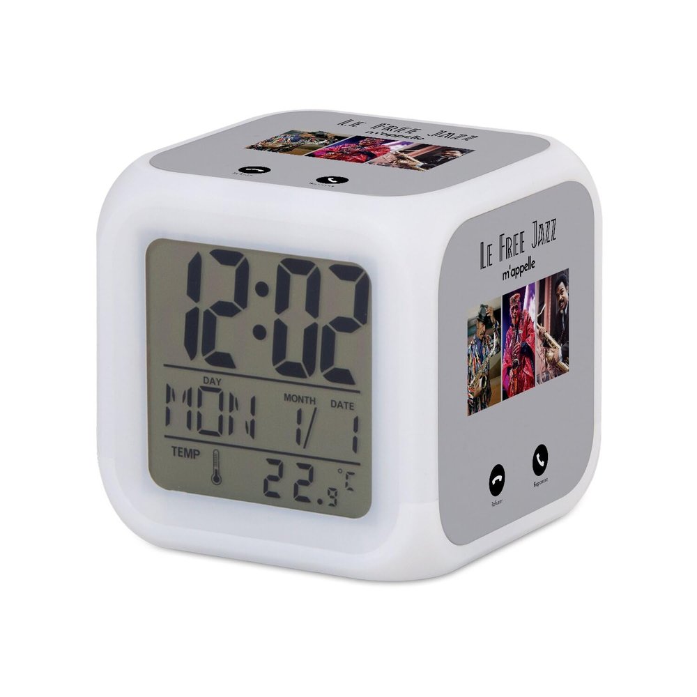 Fabulous Illuminated Cube Alarm Clock, Gray — Free Jazz Calls Me Music Passion, 7.8 x 7.8 x 7.8 cm, Multicolor Retro LED Lighting