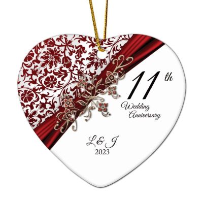 2024 Christmas Ornament, 11th Wedding Anniversary Keepsake, Just Married Crystal Flower, White Ceramic Heart, 3 in