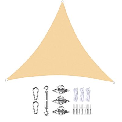 Waterproof Triangle Sun Shade Sail, 3.5 x 3.5 x 3.5 m, Windproof, UV Protection, with Mounting Kit, Cream