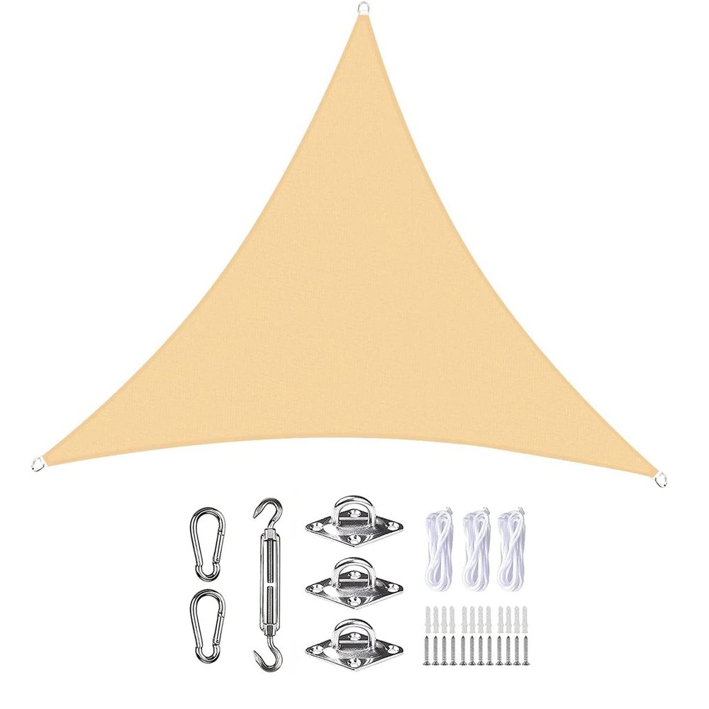 Waterproof Triangle Sun Shade Sail, 3.5 x 3.5 x 3.5 m, Windproof, UV Protection, with Mounting Kit, Cream