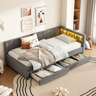 ANIROY Upholstered Daybed 90 x 200 cm with LED and USB-C, 2 Drawers, Slatted Base, Gray
