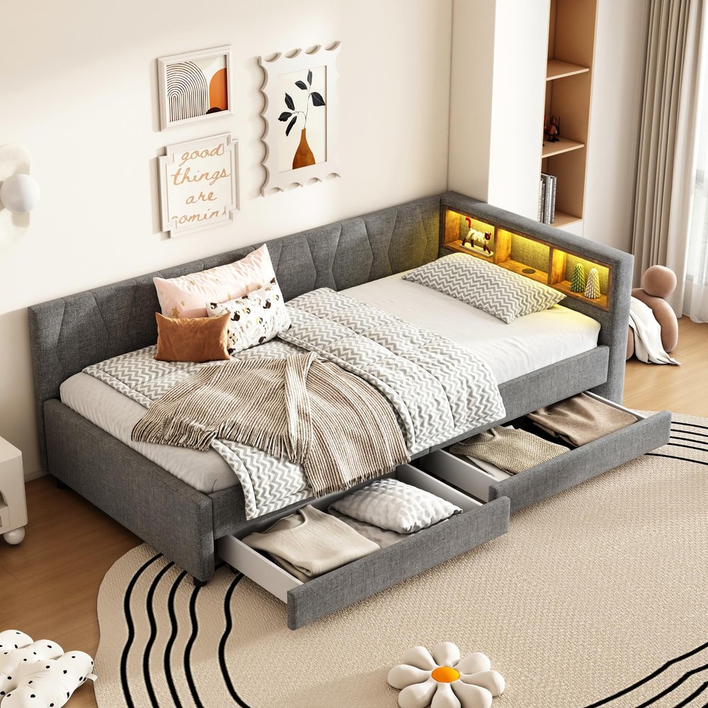 ANIROY Upholstered Daybed 90 x 200 cm with LED and USB-C, 2 Drawers, Slatted Base, Gray