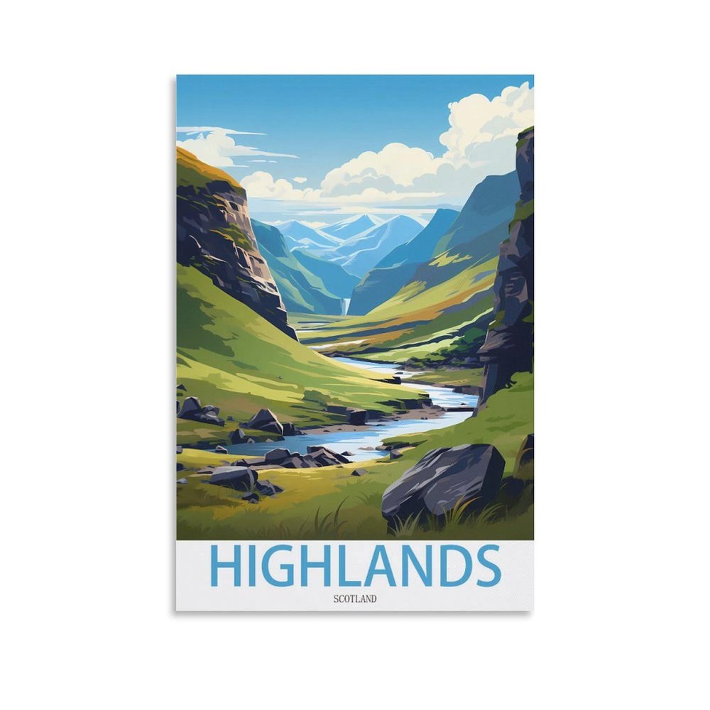 LNMNJESG Scottish Highlands Vintage Travel Poster, Mountains, 40 x 60 cm, Canvas Wall Art