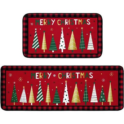 Christmas Tree Kitchen Runner Rug, Washable Non-Slip 2-Piece Set