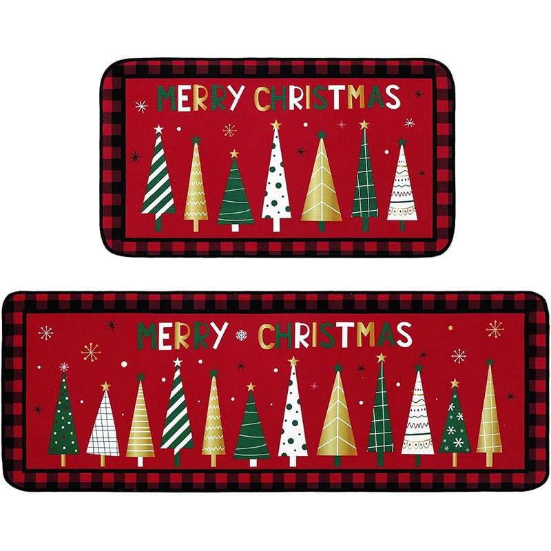 Christmas Tree Kitchen Runner Rug, Washable Non-Slip 2-Piece Set