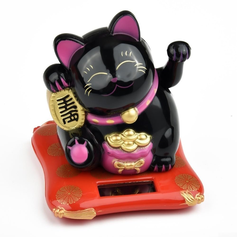 Eco-Friendly Solar-Waving Lucky Cat, Fun Decoration for Birthdays and New Year Events (Black)