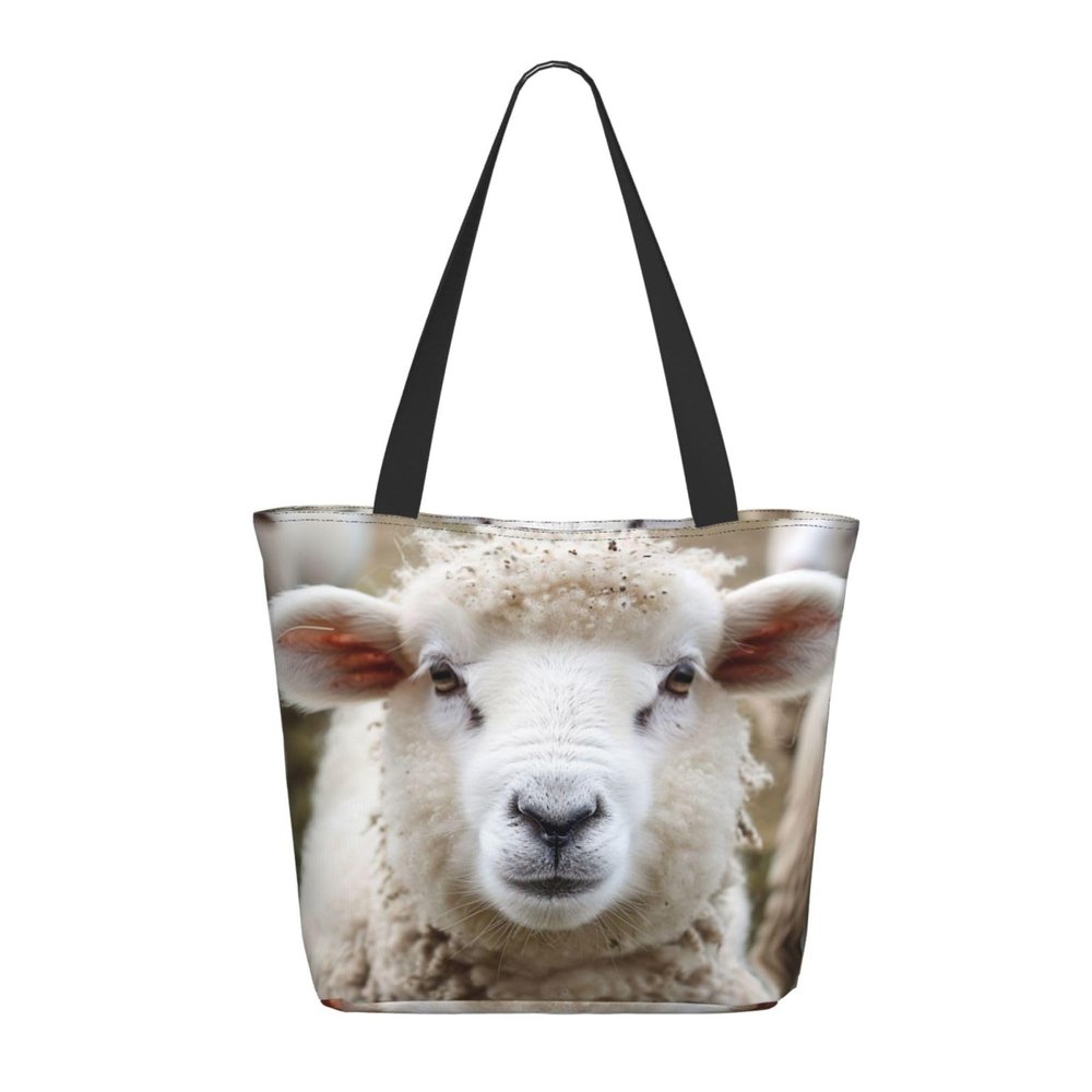 JKSEEPYN Reusable Black Shopping Bag with Cute Sheep Print
