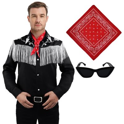 Coseaon Cowboy Costume for Men, Adult Cosplay Outfit with Shirt, Tie and Belt, Halloween Carnival Suit, Black, 3XL