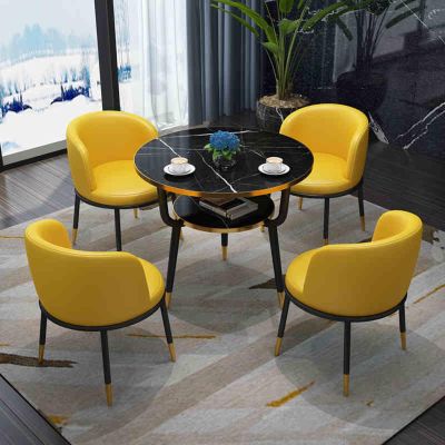 Modern Minimalist Conference Table and Chairs Set, Small Round Office Table with Yellow Chairs