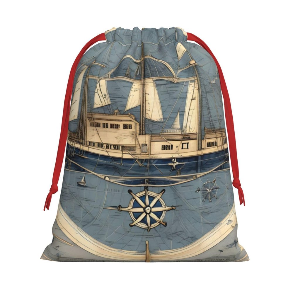 Reusable Gift Bags with Sailboat Map Print, Medium, Drawstring Bags for Christmas and Birthdays
