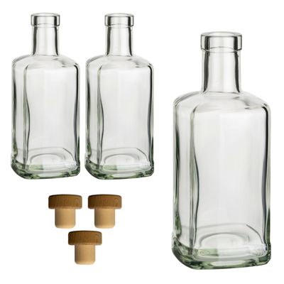 gouveo Set of 3 Square Apothecary Glass Bottles, 500 ml, with Wood-Handle Cork Stoppers