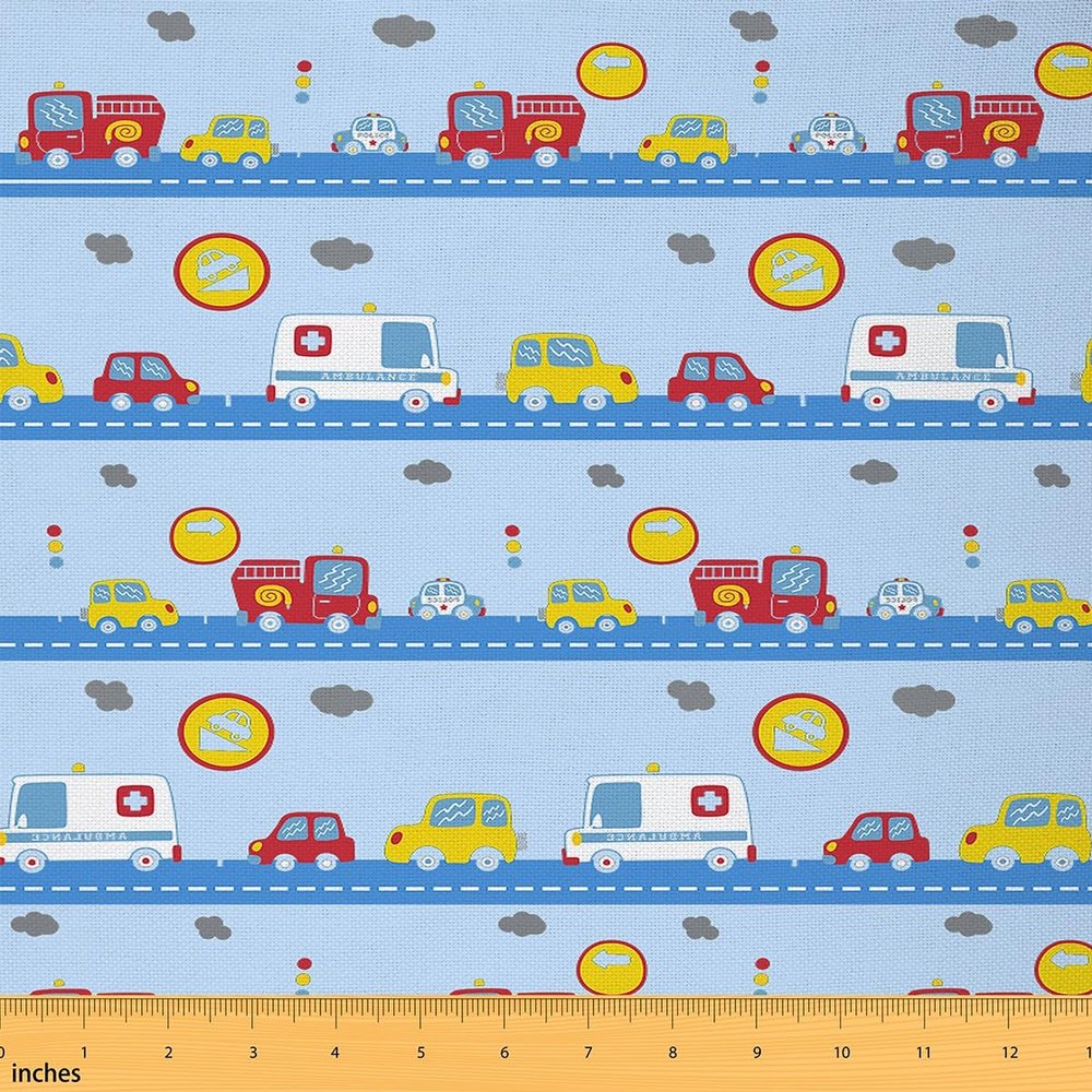 Loussiesd Cartoon Cars Fabric, 460 x 150 cm, Blue Car Theme