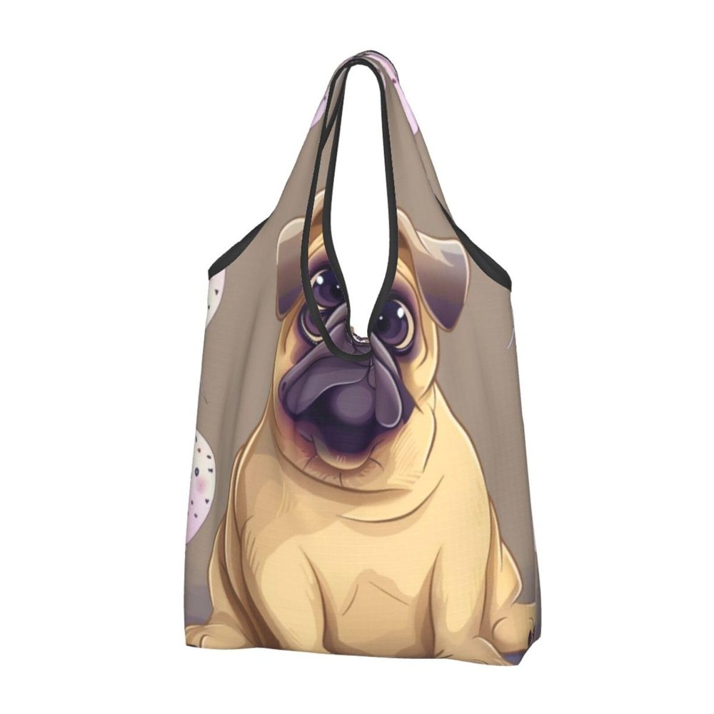 WPUTY Foldable Reusable Shopping Bags with Cartoon Pug Print, 3-Pack, Black, One Size