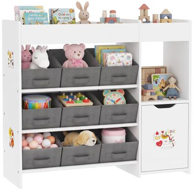 Qaba Kids' Toy Storage Bookshelf with 9 Fabric Bins, White