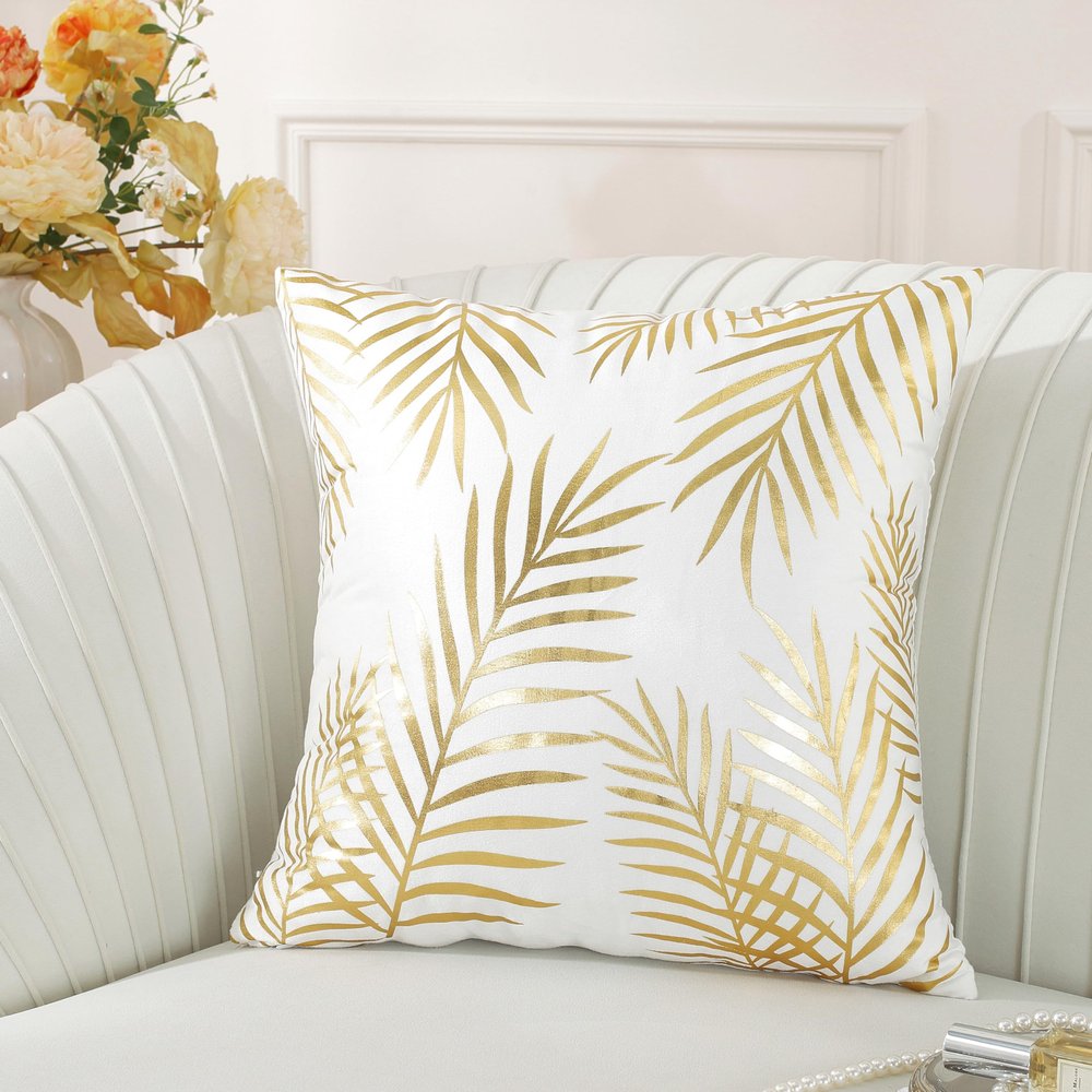 TAOSON Gold-Tone Velvet Pillow Covers, Soft, Embossed Leaf Design, Decorative, White, 2-Pack, 18 x 18 in