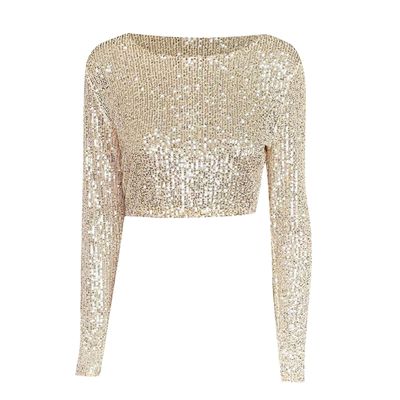 Women's Gold Glitter Sequin Crew-Neck Top
