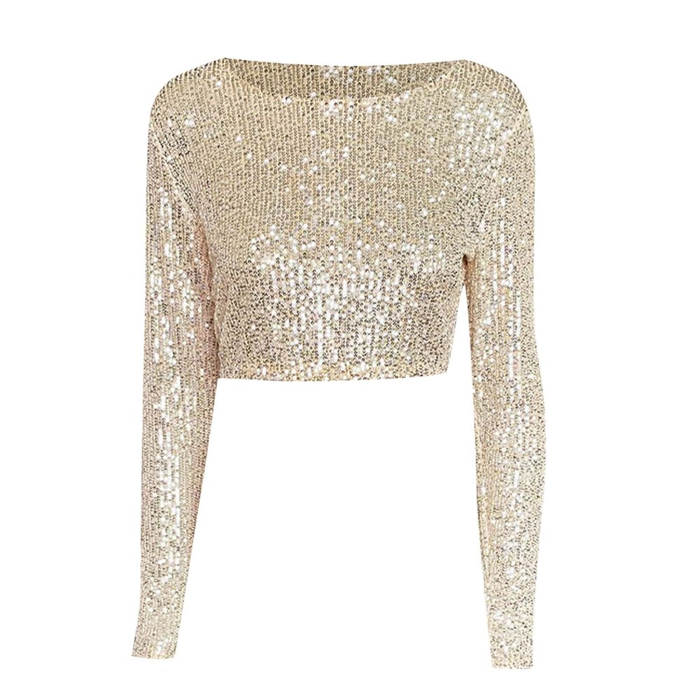 Women's Gold Glitter Sequin Crew-Neck Top
