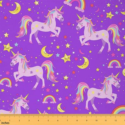 Loussiesd Unicorn Fabric, 184 x 150 cm, Colorful Stripes, Star Print, Purple Upholstery Fabric