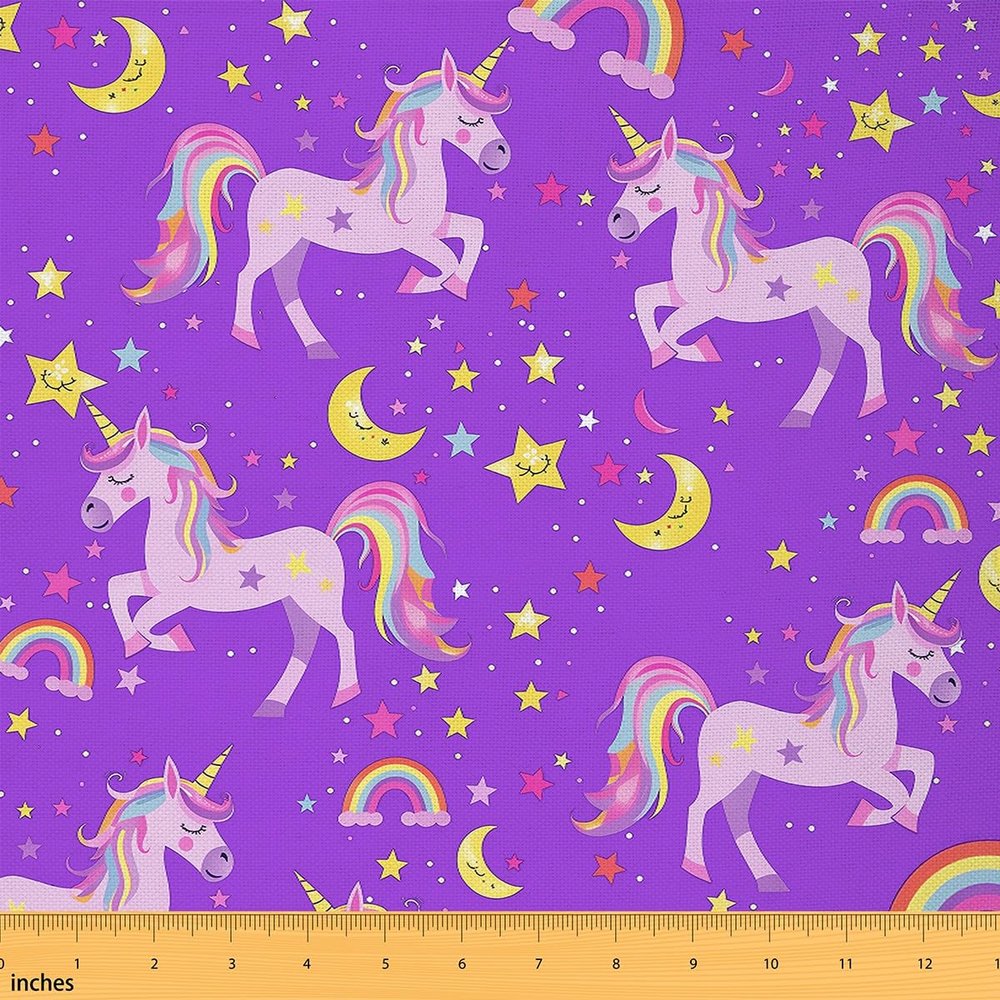 Loussiesd Unicorn Fabric, 184 x 150 cm, Colorful Stripes, Star Print, Purple Upholstery Fabric