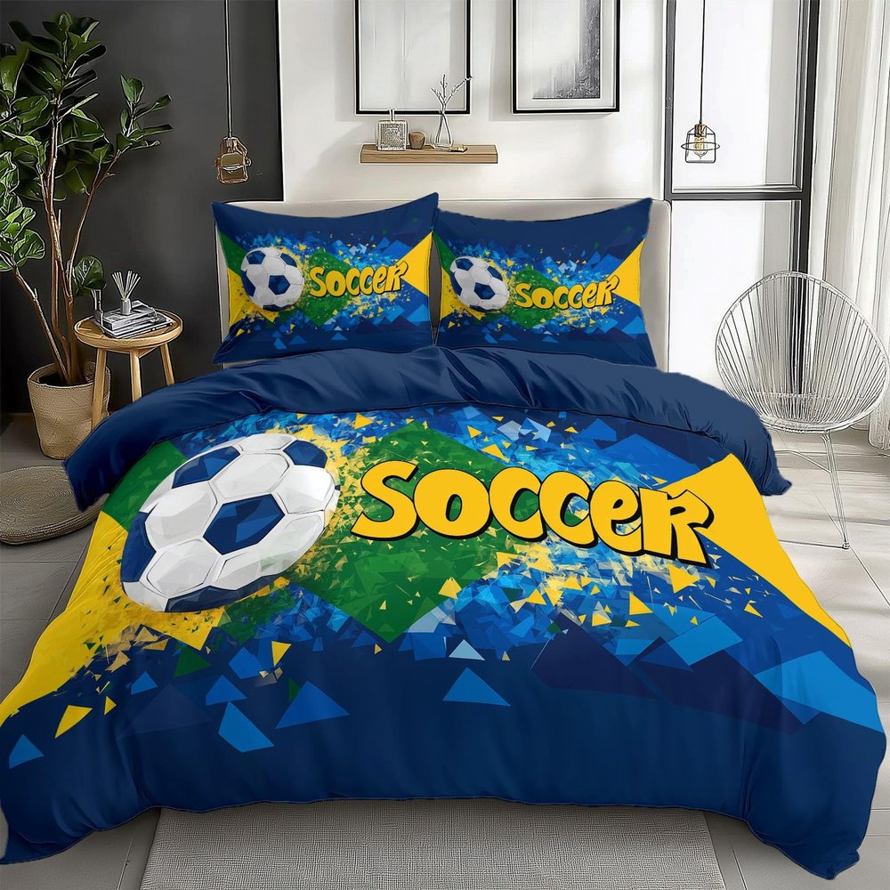 CozyRest 3-Piece Kids' Reversible Microfiber Soccer Bedding Set, Blue, 200 x 200 cm + 80 x 80 cm Pillowcase, Easy Care