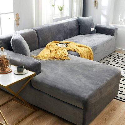 DFVEKYOW Velvet Sofa Cover for Sectional Sofas, Stylish and Soft, Furniture Protector, Couch Cover for 3- or 4-Seater Sofas, 190 x 230 cm, Light Gray