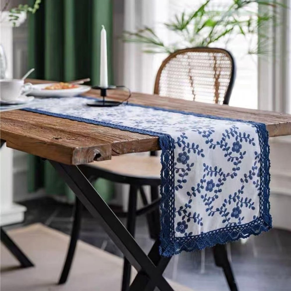 Lace Table Runner with Tassels, Geometric Ethnic Pattern, 33 x 300 cm (G)