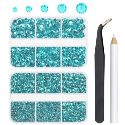 Aqua Blue Flat-Back Resin Rhinestones, 2–6 mm, 5 Sizes, Non-Hot-Fix