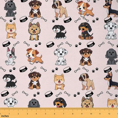 Loussiesd Dog Fabric, 920 x 150 cm, Cartoon Puppy Print, Pink