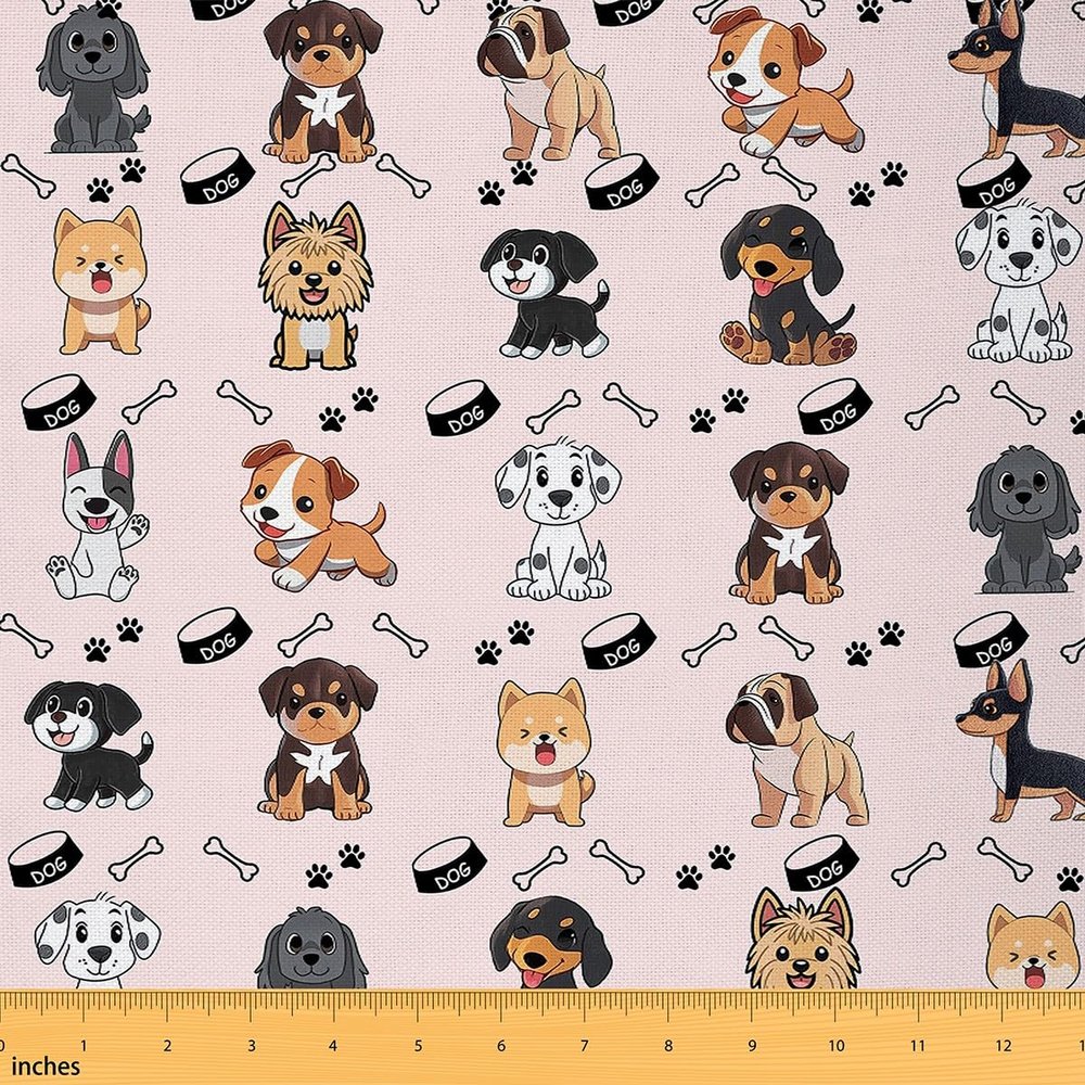 Loussiesd Dog Fabric, 920 x 150 cm, Cartoon Puppy Print, Pink