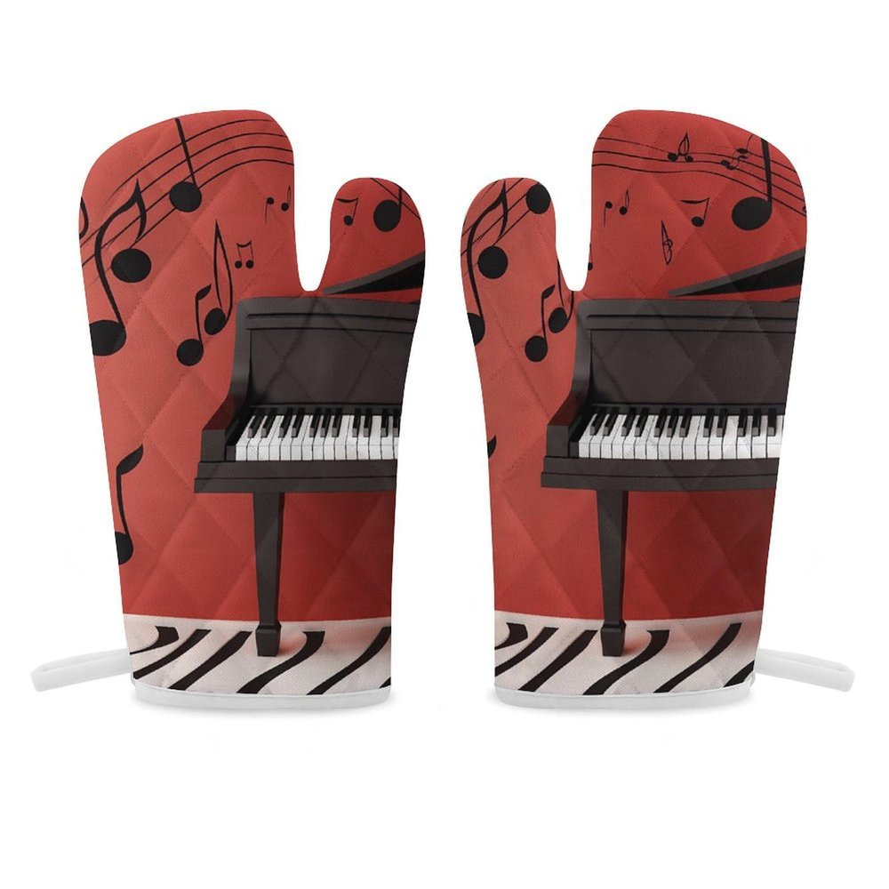 Oven Mitts with Piano Music Notes, Heat-Resistant, Non-Slip, Comfortable Cotton Lining, Kitchen Gloves for Women and Men, for Cooking, Baking and Grilling, Machine-Washable, 1 Pair