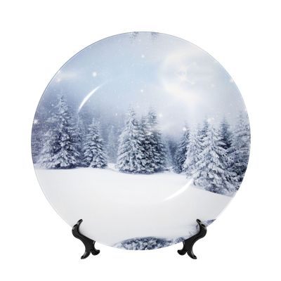 ESNAIUVCD Round Bone China Decorative Plate with Christmas Snow Print and Display Stand