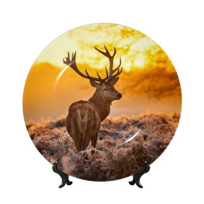 ESNAIUVCD Bone China Decorative Plate with Red Deer Design and Stand