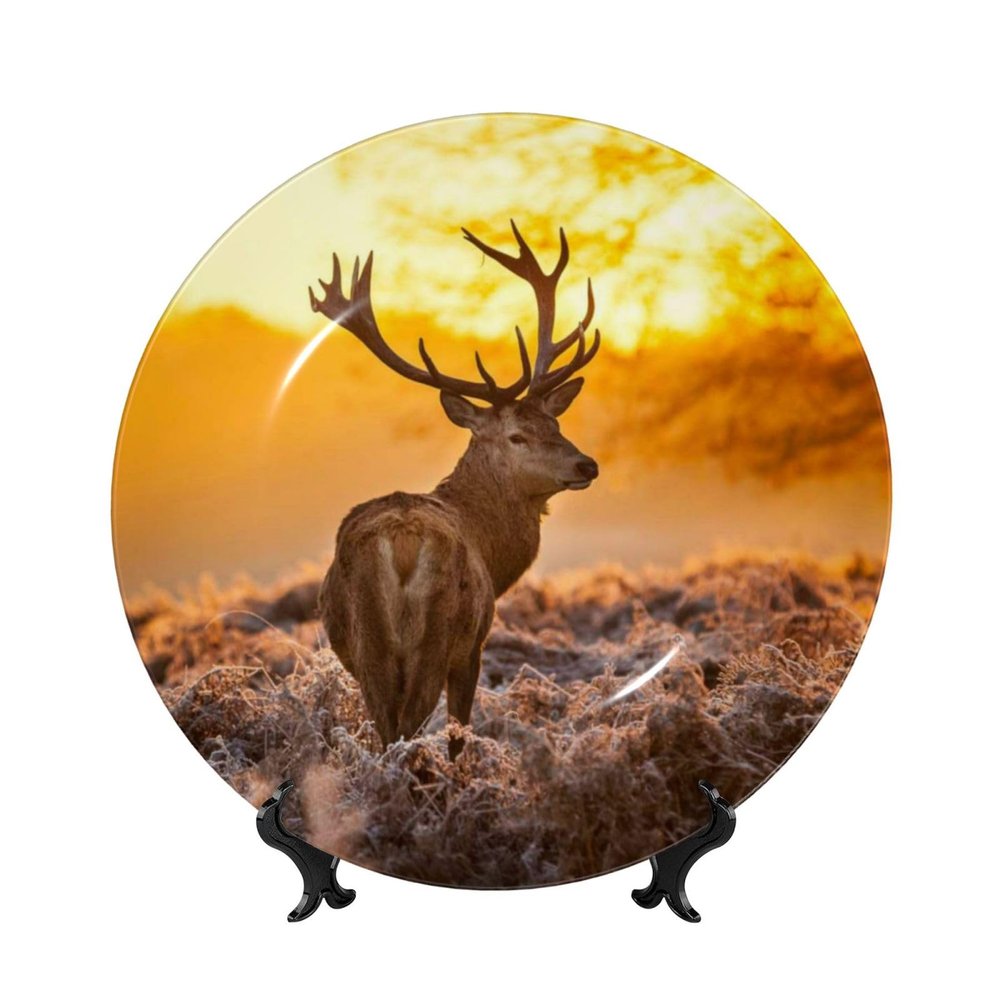 ESNAIUVCD Bone China Decorative Plate with Red Deer Design and Stand