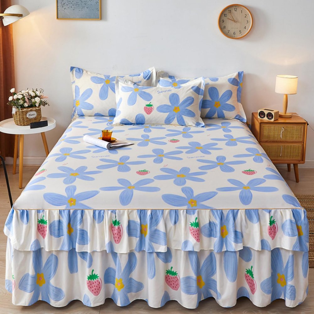 Highdi Elastic Bed Skirt with Ruffles and Floral Print, 180 x 200 cm, Flower World 2
