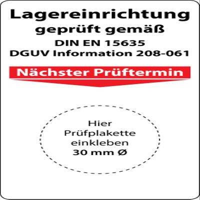 Storage Equipment Inspection Base Labels, DIN EN 15635 / DGUV Information 208-061, 100 Pack, 70 x 40 mm, Self-Adhesive Vinyl