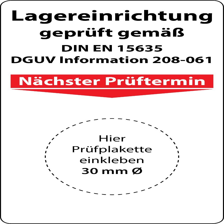 Storage Equipment Inspection Base Labels, DIN EN 15635 / DGUV Information 208-061, 100 Pack, 70 x 40 mm, Self-Adhesive Vinyl