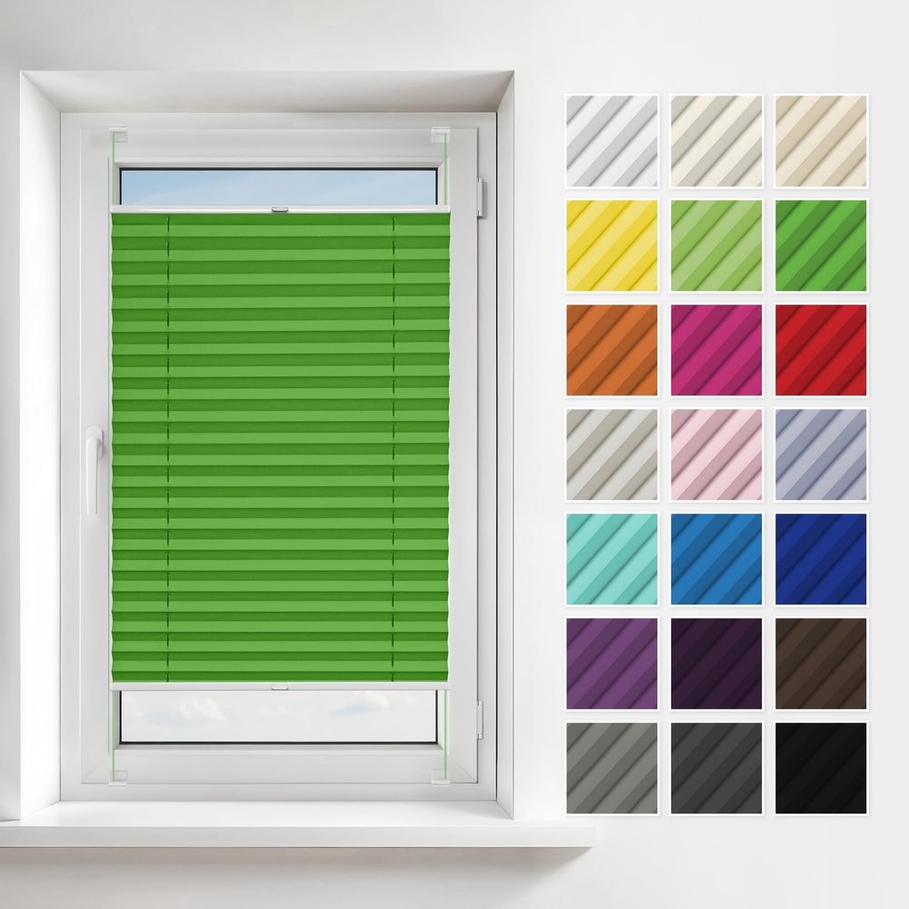 Estika Pleated Blind with Drilling, 130 x 150 cm, Green, Blackout Blind for Screw-Mounting, Opaque, incl. Mounting Accessories