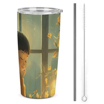 QWJKM Coffee Mug for Women and Candle, Large Car Cup, Stainless Steel Travel Mug with Leak-Resistant Lid and Straw