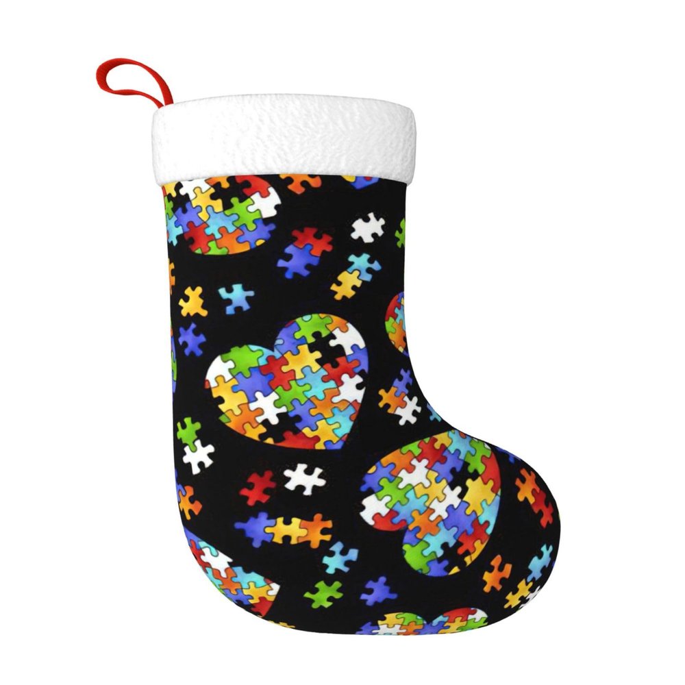 OKFSTY Autism Awareness Puzzle Pieces Heart Christmas Stocking, 1 Pc